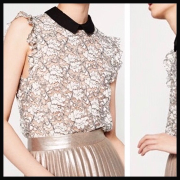 ZARA WOMAN | black & white lace collared blouse XS - Picture 3 of 7